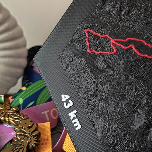 Zbliżenie na personalizowaną mapę 3D trasy z medalem